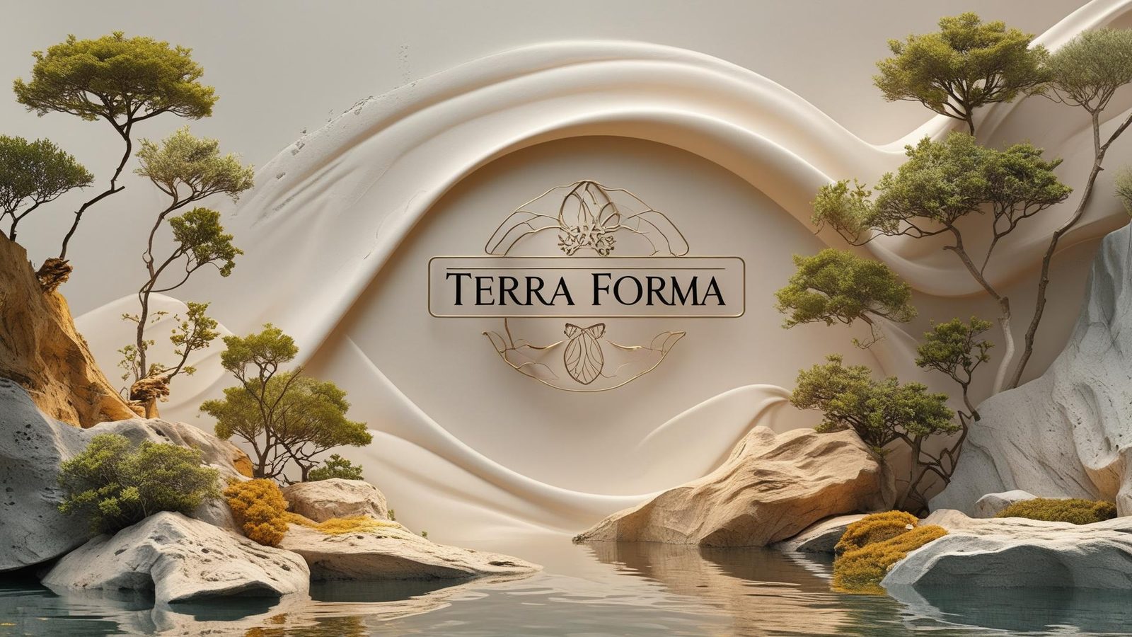 Το σήμα της Terra Forma σε φυσικό τοπίο με νερό και δέντρα